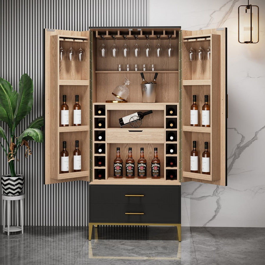 HMR - Black Bar Cabinet with Door Modern Storage Home Bar Cabinet with Glass Rack&Drawers