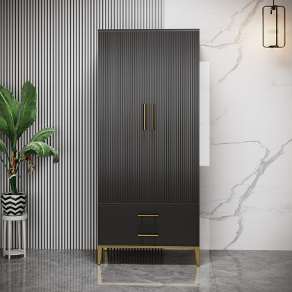 HMR - Black Bar Cabinet with Door Modern Storage Home Bar Cabinet with Glass Rack&Drawers