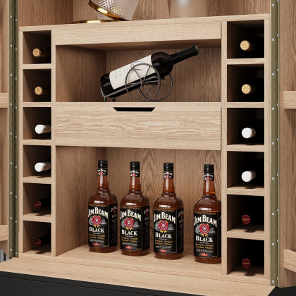 HMR - Black Bar Cabinet with Door Modern Storage Home Bar Cabinet with Glass Rack&Drawers