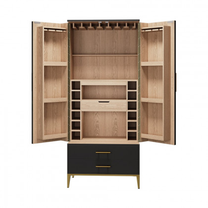 HMR - Black Bar Cabinet with Door Modern Storage Home Bar Cabinet with Glass Rack&Drawers