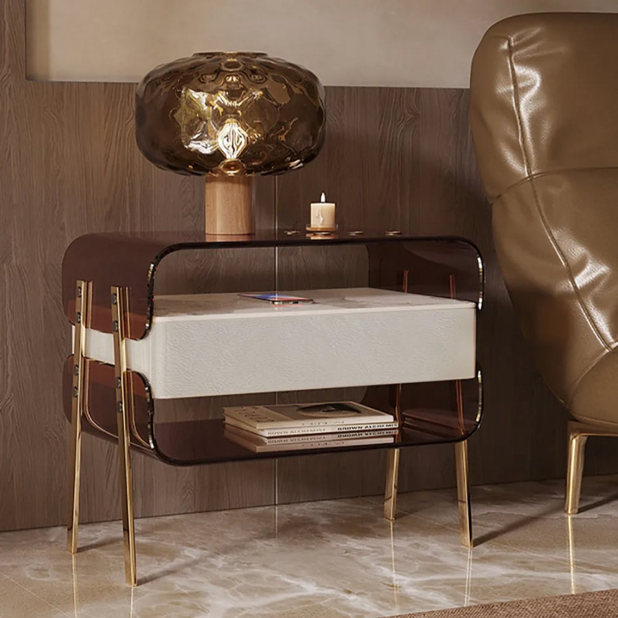 HMR - Modern Lighted Brown Nightstand with Wireless Charging Station Acrylic Bedside Table