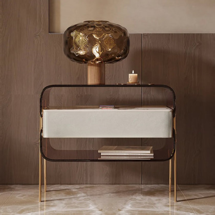 HMR - Modern Lighted Brown Nightstand with Wireless Charging Station Acrylic Bedside Table