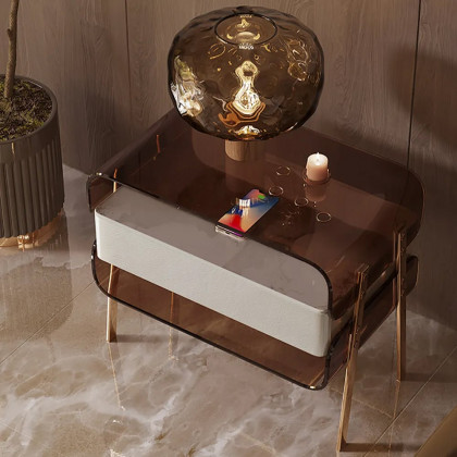 HMR - Modern Lighted Brown Nightstand with Wireless Charging Station Acrylic Bedside Table