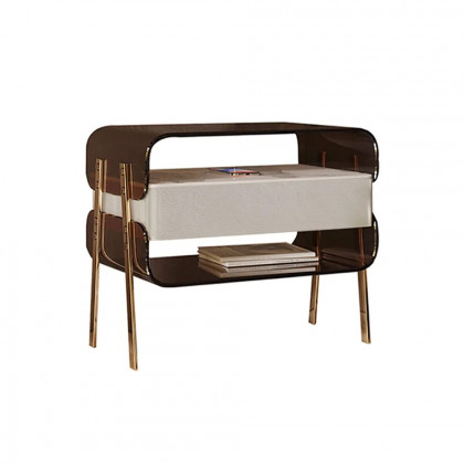 HMR - Modern Lighted Brown Nightstand with Wireless Charging Station Acrylic Bedside Table