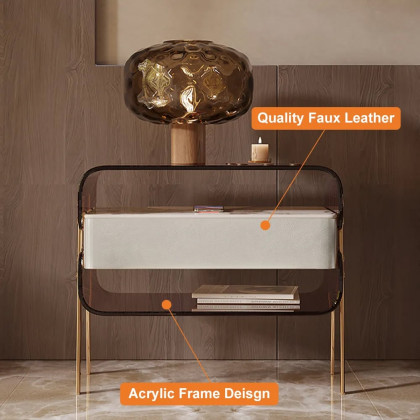 HMR - Modern Lighted Brown Nightstand with Wireless Charging Station Acrylic Bedside Table