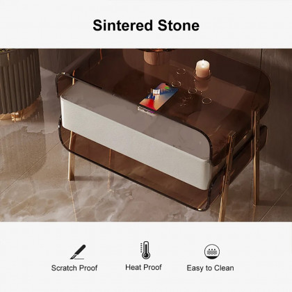 HMR - Modern Lighted Brown Nightstand with Wireless Charging Station Acrylic Bedside Table