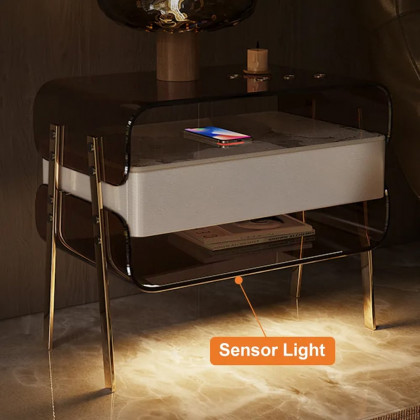 HMR - Modern Lighted Brown Nightstand with Wireless Charging Station Acrylic Bedside Table