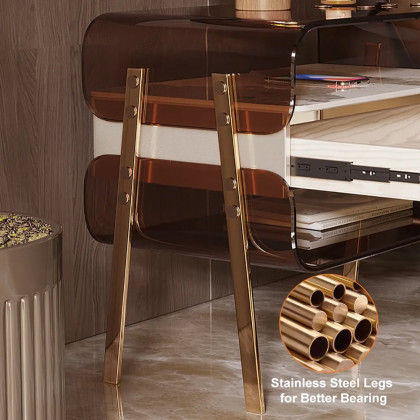 HMR - Modern Lighted Brown Nightstand with Wireless Charging Station Acrylic Bedside Table