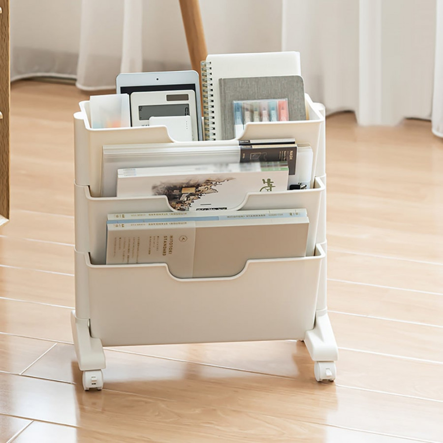 HMR - Modern 3-Tier Magazine Organizer Holder White Book Cart with Ample Open Storage