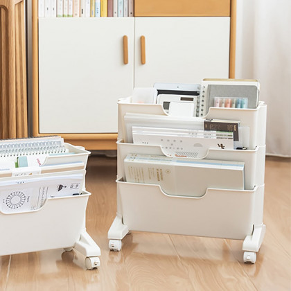 HMR - Modern 3-Tier Magazine Organizer Holder White Book Cart with Ample Open Storage