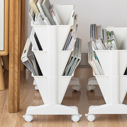 HMR - Modern 3-Tier Magazine Organizer Holder White Book Cart with Ample Open Storage
