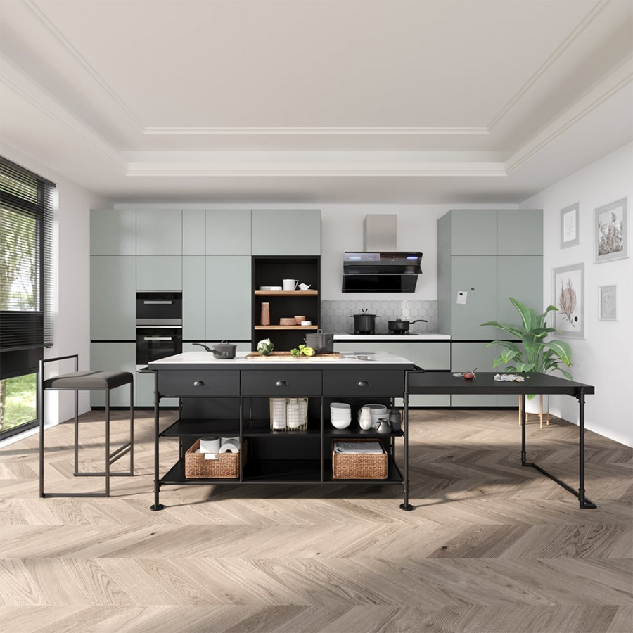 HMR - 60" Industrial Extendable Faux Marble Kitchen Islands Black with 3-Drawer