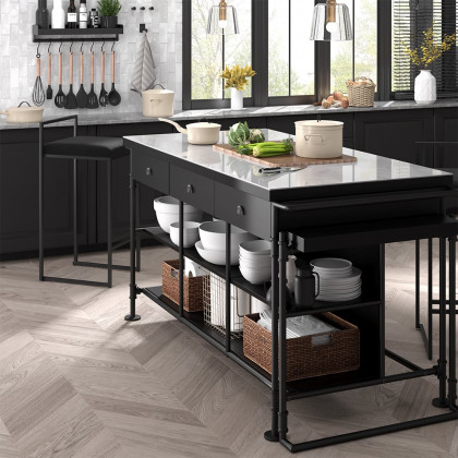 HMR - 60" Industrial Extendable Faux Marble Kitchen Islands Black with 3-Drawer