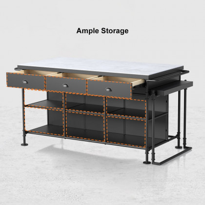 HMR - 60" Industrial Extendable Faux Marble Kitchen Islands Black with 3-Drawer