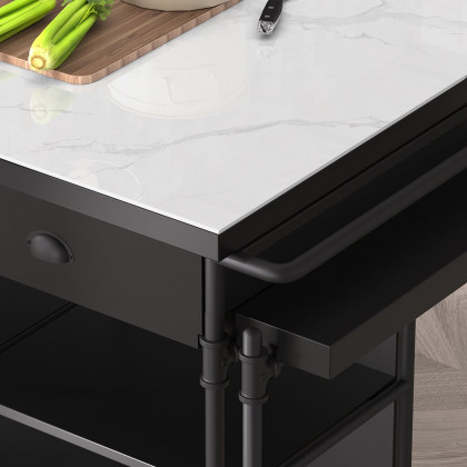 HMR - 60" Industrial Extendable Faux Marble Kitchen Islands Black with 3-Drawer