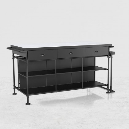 HMR - 60" Industrial Extendable Faux Marble Kitchen Islands Black with 3-Drawer
