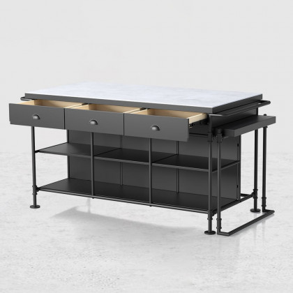HMR - 60" Industrial Extendable Faux Marble Kitchen Islands Black with 3-Drawer