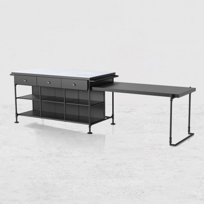 HMR - 60" Industrial Extendable Faux Marble Kitchen Islands Black with 3-Drawer