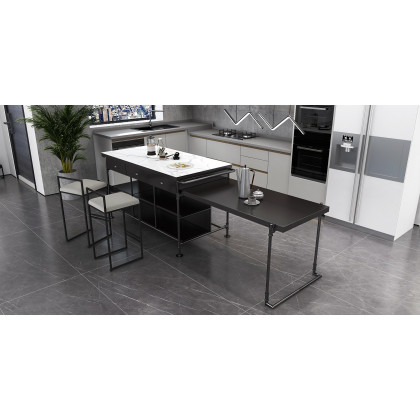 HMR - 60" Industrial Extendable Faux Marble Kitchen Islands Black with 3-Drawer