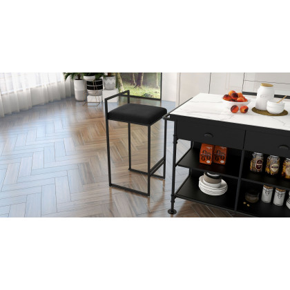 HMR - 60" Industrial Extendable Faux Marble Kitchen Islands Black with 3-Drawer