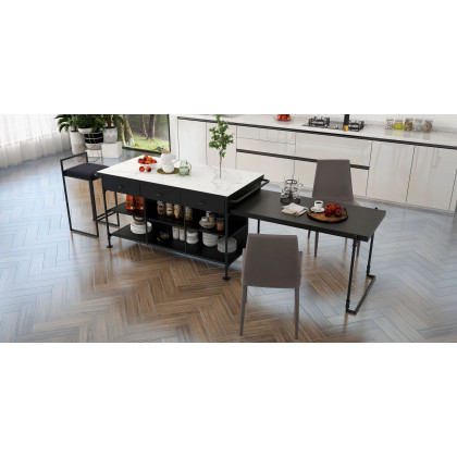 HMR - 60" Industrial Extendable Faux Marble Kitchen Islands Black with 3-Drawer