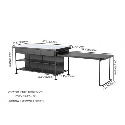 HMR - 60" Industrial Extendable Faux Marble Kitchen Islands Black with 3-Drawer