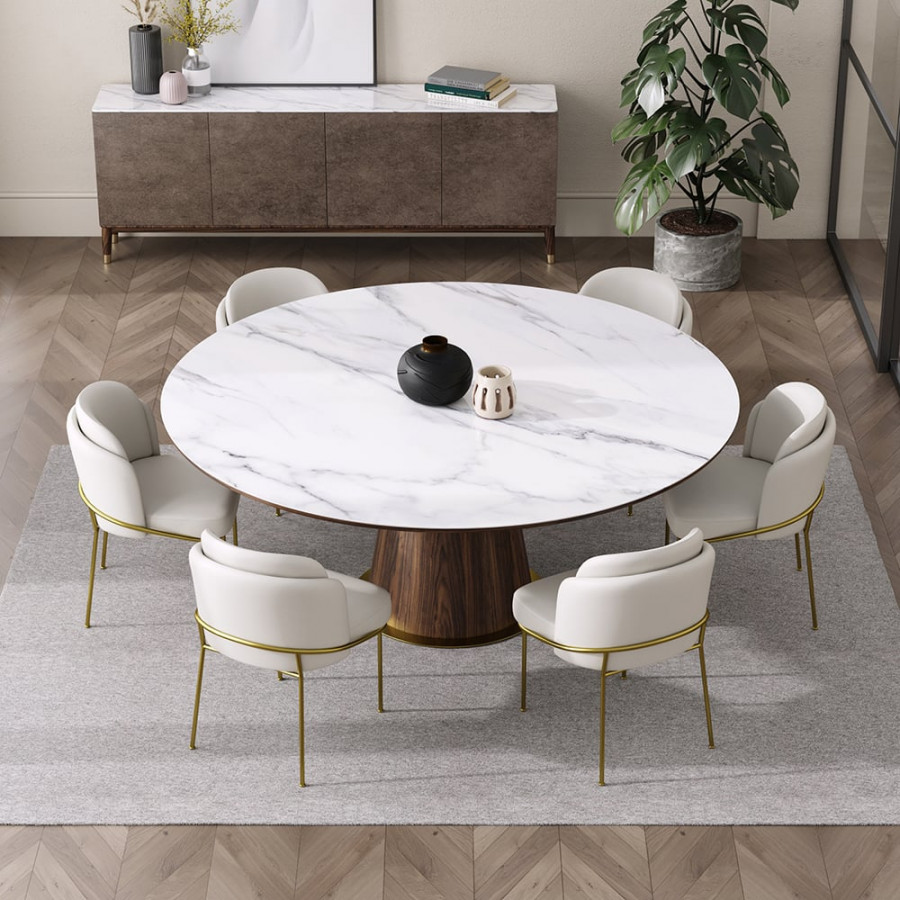 HMR - Dining Set 47.2" Round Sintered Stone Dining Table With 6 Chairs