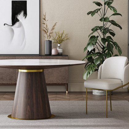 HMR - Dining Set 47.2" Round Sintered Stone Dining Table With 6 Chairs