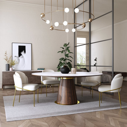HMR - Dining Set 47.2" Round Sintered Stone Dining Table With 6 Chairs