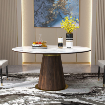HMR - Dining Set 47.2" Round Sintered Stone Dining Table With 6 Chairs