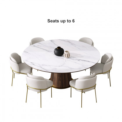 HMR - Dining Set 47.2" Round Sintered Stone Dining Table With 6 Chairs