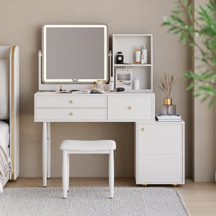 HMR - 39" White Leather Makeup Vanity Set with Charger Led Mirror