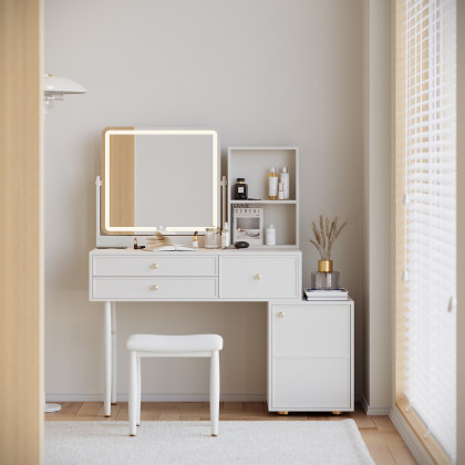 HMR - 39" White Leather Makeup Vanity Set with Charger Led Mirror