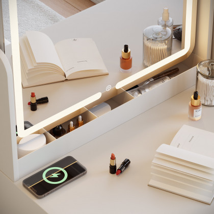 HMR - 39" White Leather Makeup Vanity Set with Charger Led Mirror