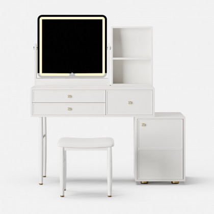 HMR - 39" White Leather Makeup Vanity Set with Charger Led Mirror