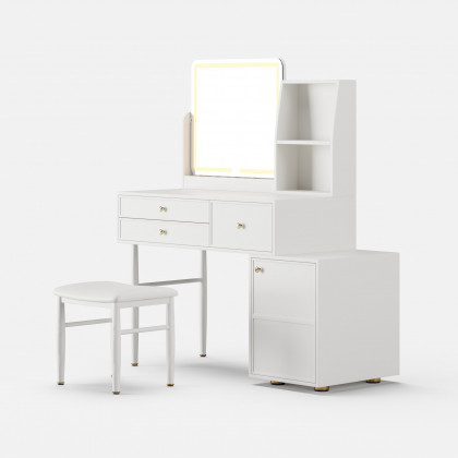 HMR - 39" White Leather Makeup Vanity Set with Charger Led Mirror