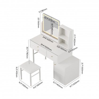 HMR - 39" White Leather Makeup Vanity Set with Charger Led Mirror