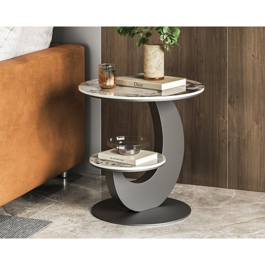 HMR 20" Round Sintered Stone 2-Tier Moon-Shaped Side Table - White & Gray
