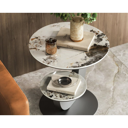 HMR 20" Round Sintered Stone 2-Tier Moon-Shaped Side Table - White & Gray