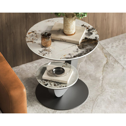HMR 20" Round Sintered Stone 2-Tier Moon-Shaped Side Table - White & Gray