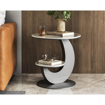 HMR 20" Round Sintered Stone 2-Tier Moon-Shaped Side Table - White & Gray