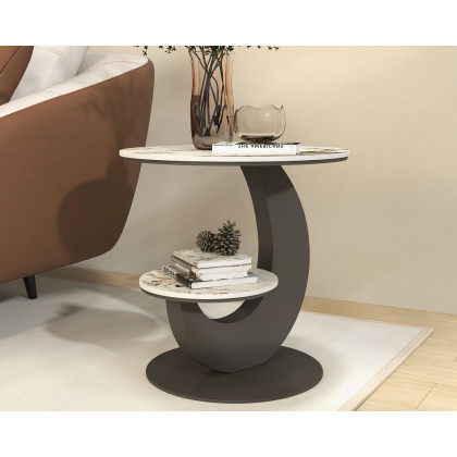 HMR 20" Round Sintered Stone 2-Tier Moon-Shaped Side Table - White & Gray