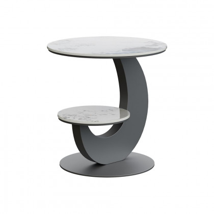 HMR 20" Round Sintered Stone 2-Tier Moon-Shaped Side Table - White & Gray