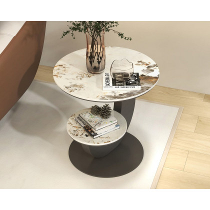 HMR 20" Round Sintered Stone 2-Tier Moon-Shaped Side Table - White & Gray