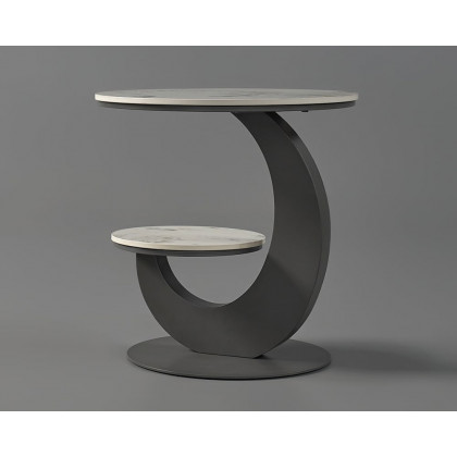 HMR 20" Round Sintered Stone 2-Tier Moon-Shaped Side Table - White & Gray