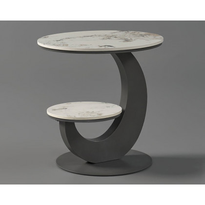 HMR 20" Round Sintered Stone 2-Tier Moon-Shaped Side Table - White & Gray