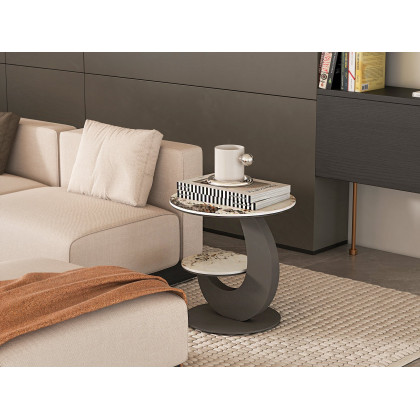 HMR 20" Round Sintered Stone 2-Tier Moon-Shaped Side Table - White & Gray