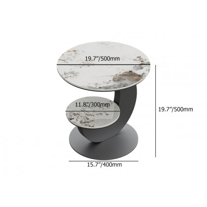 HMR 20" Round Sintered Stone 2-Tier Moon-Shaped Side Table - White & Gray