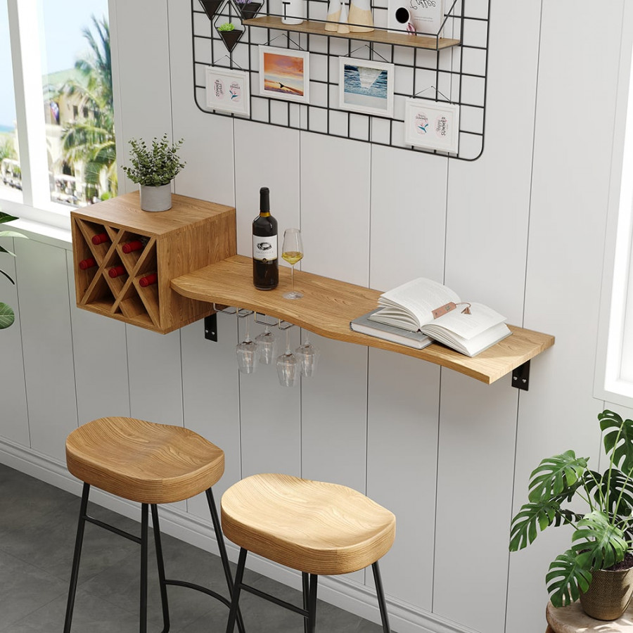 HMR - 53" Live-Edge Floating Bar Table with Wine Bottle Storage Wood Pub Table