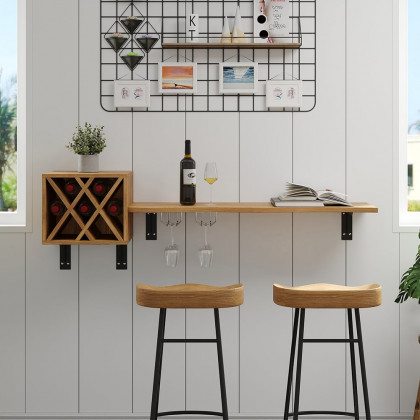 HMR - 53" Live-Edge Floating Bar Table with Wine Bottle Storage Wood Pub Table